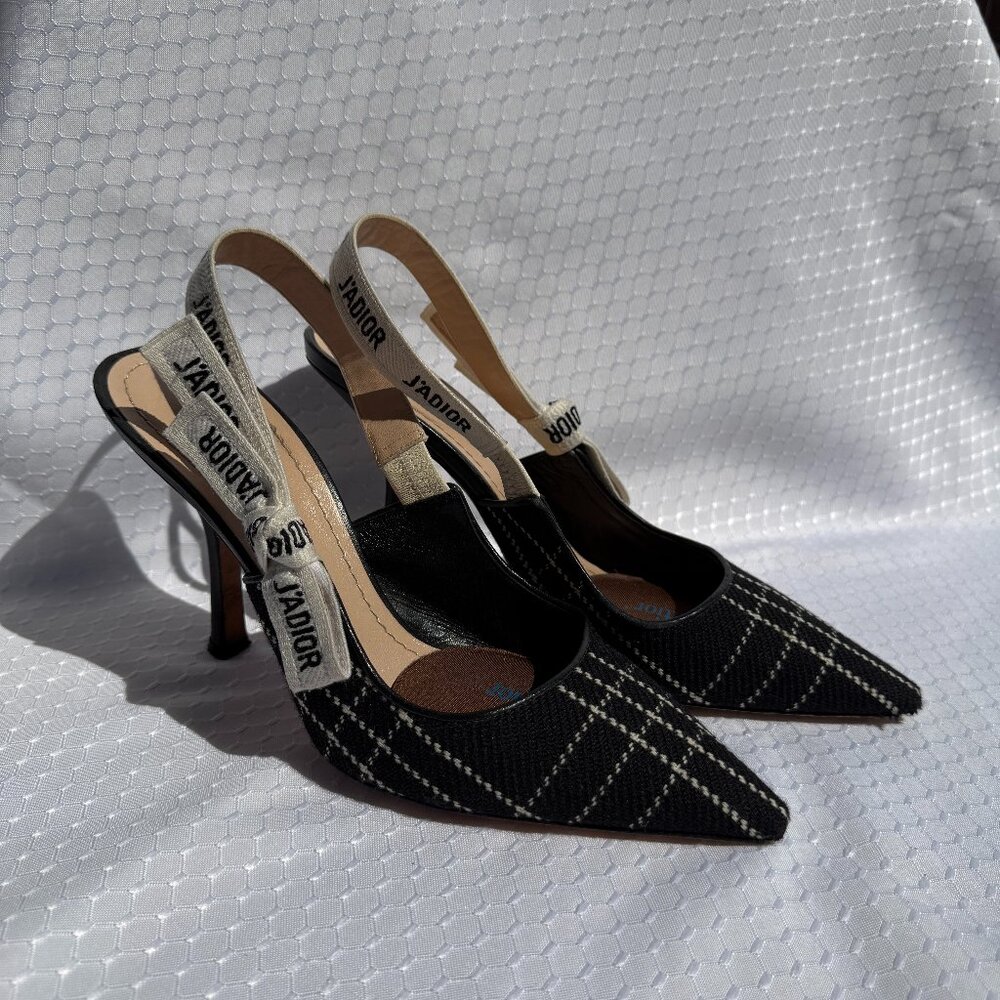 Christian Dior J'adior Fabric Ribbon Black Check Slingback Heel Pumps Size 39